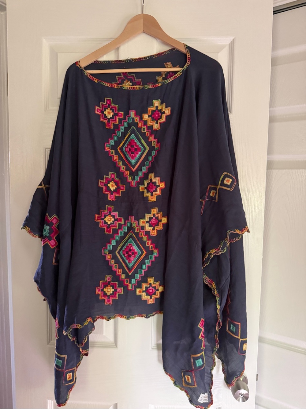 Embroidered Navy Boho Poncho with Bright Geometric Accents